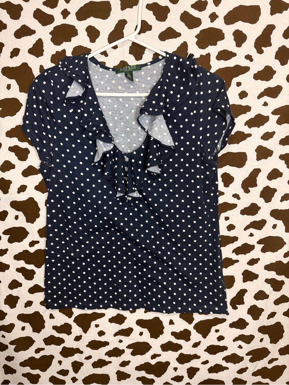 Lauren Ralph Lauren Women PL Petite Blue White Polka Dot V-Neck Ruffle Blouse